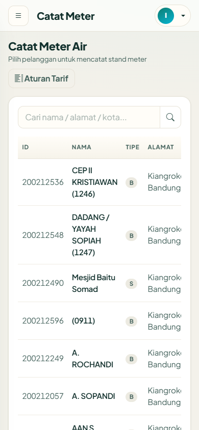 MeterAir — tampilan catat meter di HP